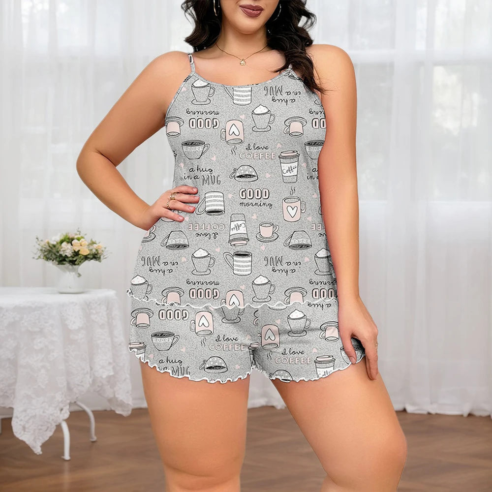 Home Wear Female 2 pieces Oversize Sleepwear 3XL 4XL 5XL ROUBI=LINGERIE