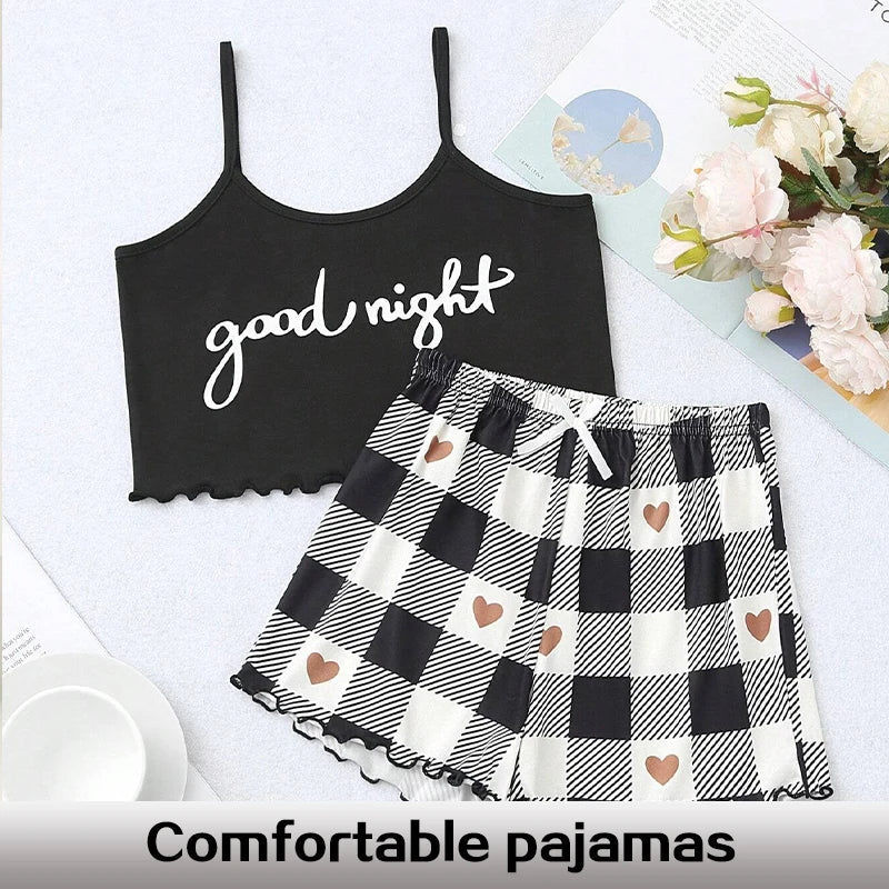 Sexy Checkered Summer Women's Printed Letters Exposed Navel Short Sleeves and Printed Checkered Shorts Casual Pajamas Roubi-Lingerie