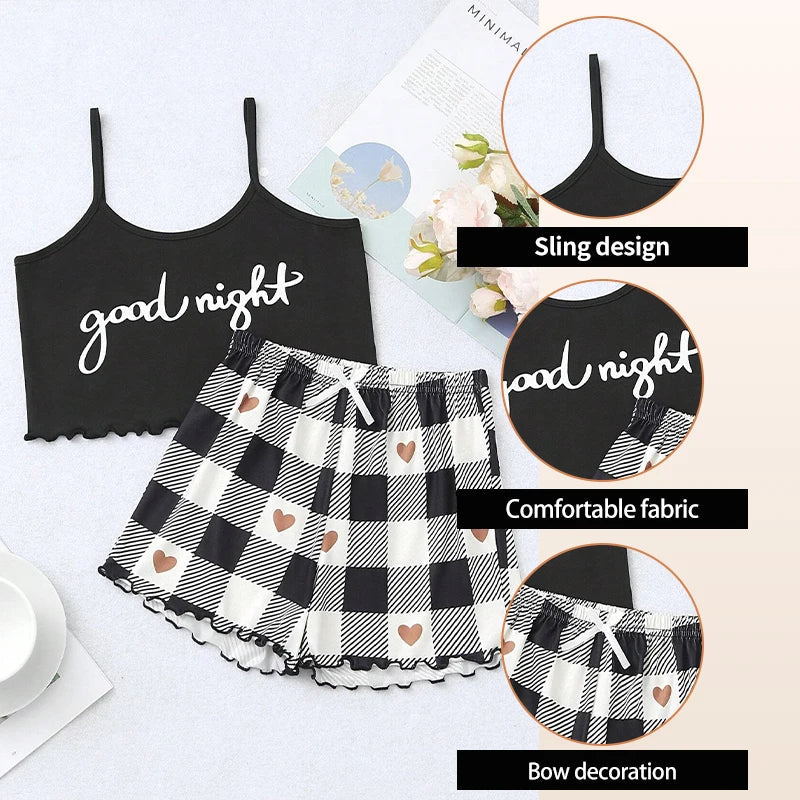 Sexy Checkered Summer Women's Printed Letters Exposed Navel Short Sleeves and Printed Checkered Shorts Casual Pajamas Roubi-Lingerie