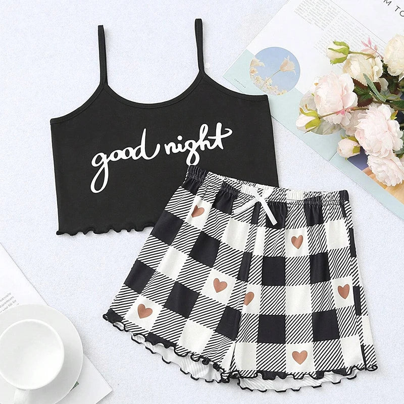 Sexy Checkered Summer Women's Printed Letters Exposed Navel Short Sleeves and Printed Checkered Shorts Casual Pajamas Roubi-Lingerie